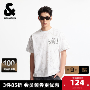 杰克琼斯男款男士短袖T恤男装夏季新款刺绣衣身满印宽松休闲短袖