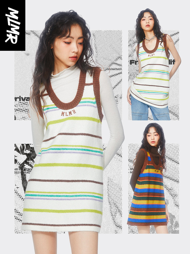 MLMR outlets秋装多巴胺穿搭女装长裙背带裙条纹复古连衣