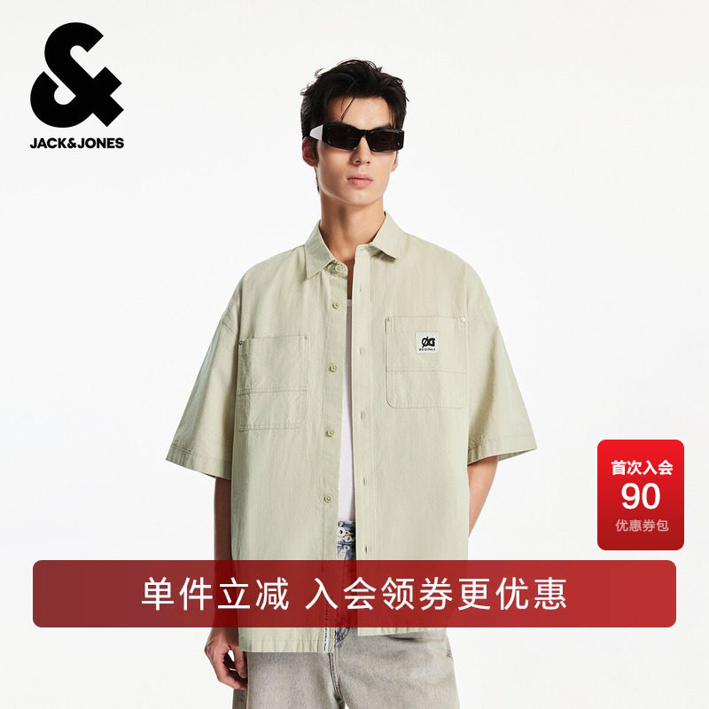 杰克琼斯奥特莱斯男装夏季衬衫字母贴布日常刺绣胶印翻领短袖上衣