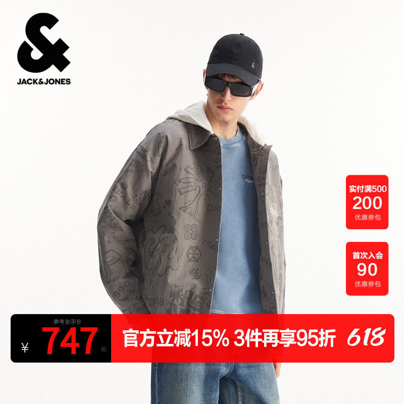 杰克琼斯男装2026春季新款宽松衣身图案满印贴布刺绣连帽棉服