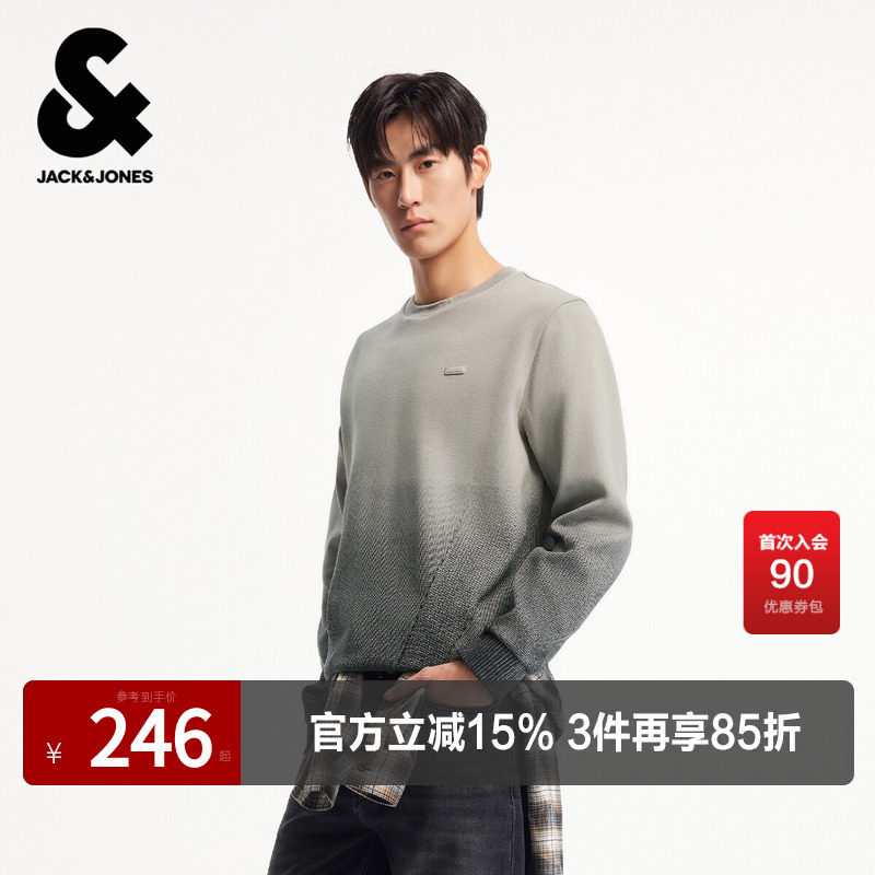 杰克琼斯男装春季毛衣新款直筒罗纹圆领时尚百搭衣身渐变图案上衣