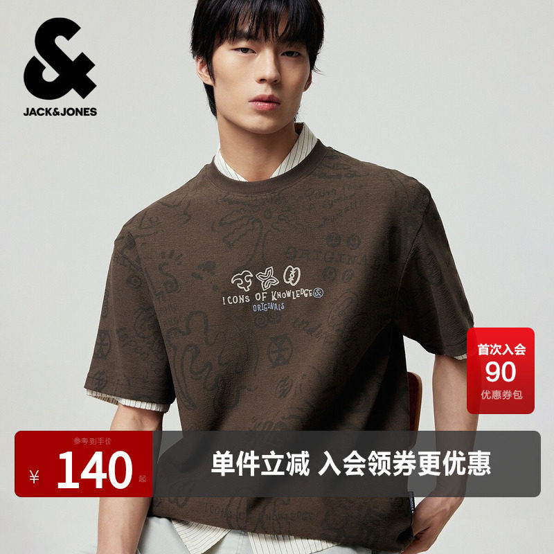 杰克琼斯男装短袖T恤上衣衣身图案满印百搭时尚舒适罗纹圆领宽松