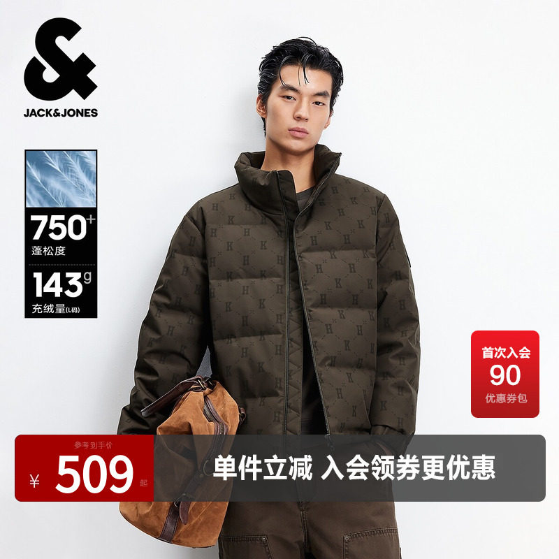 杰克琼斯男装秋冬季新款时尚满印老花休闲保暖舒适立领羽绒服外套