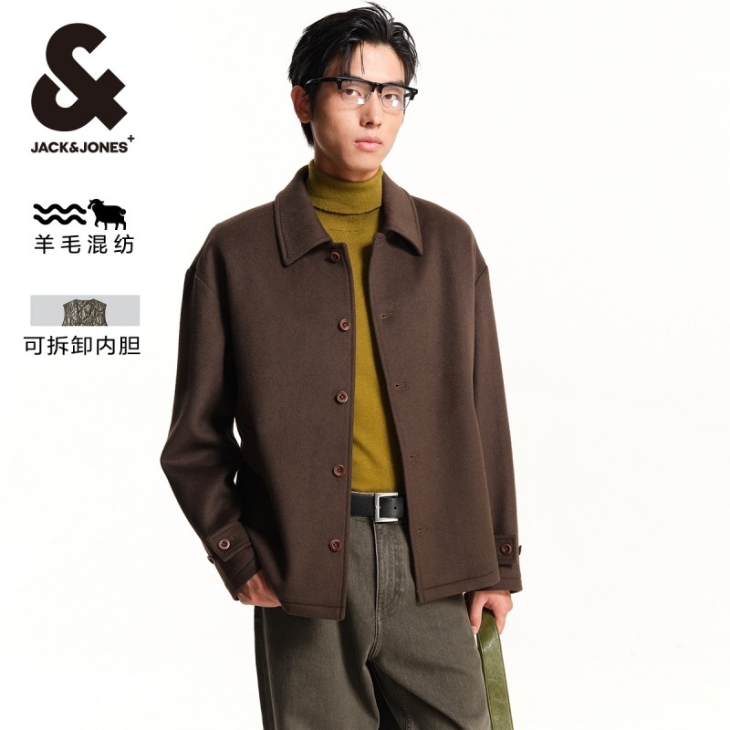 杰克琼斯冬季新款时尚可拆卸加绒内胆多色可选尖领毛呢大衣男装