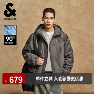 杰克琼斯男装冬季羽绒服宽松抽绳连帽绒感面料设计感立体字母外套