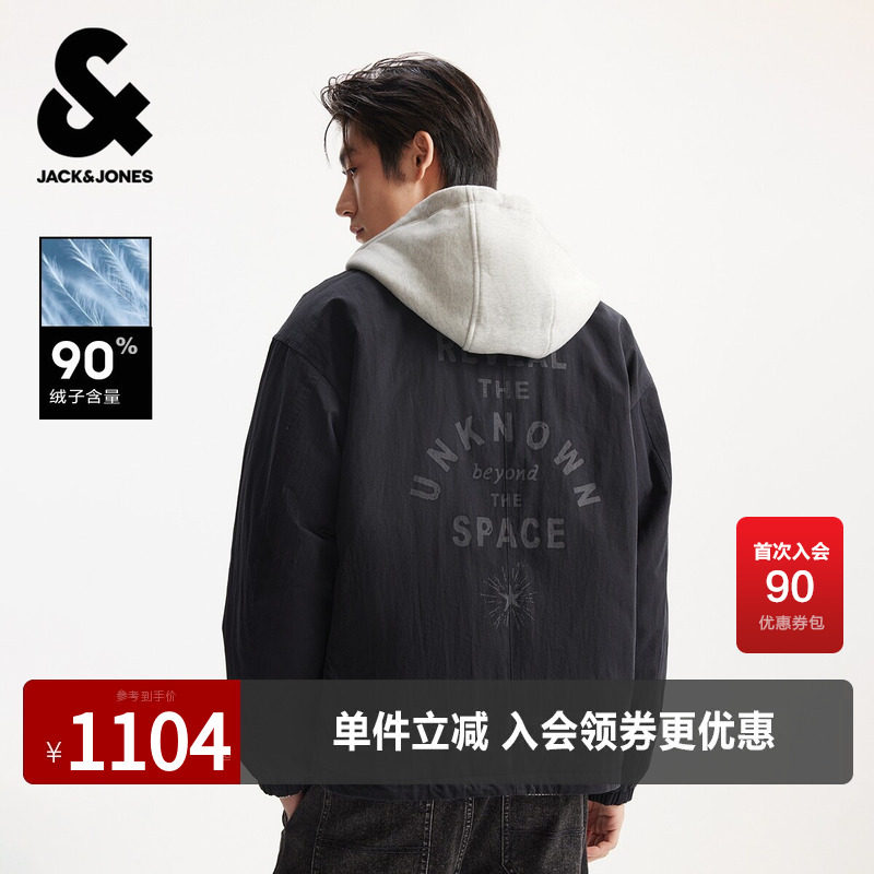 杰克琼斯男装春季冬季羽绒服外套字母图案潮流简约休闲可拆卸连帽