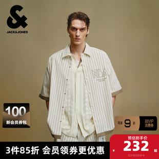杰克琼斯夏季男装时尚百搭宽松衣身撞色条纹NBA联名短袖衬衫外套