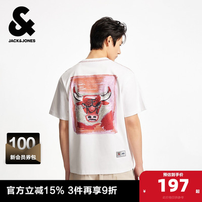 杰克琼斯NBA联名款男装公牛队纯棉印花日常宽松男士短袖夏季T恤