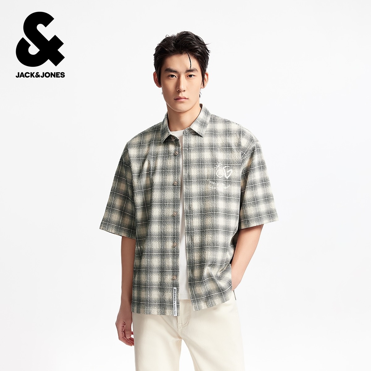 杰克琼斯奥特莱斯男装夏季胸前刺绣logo宽松休闲翻领短袖格子衬衫