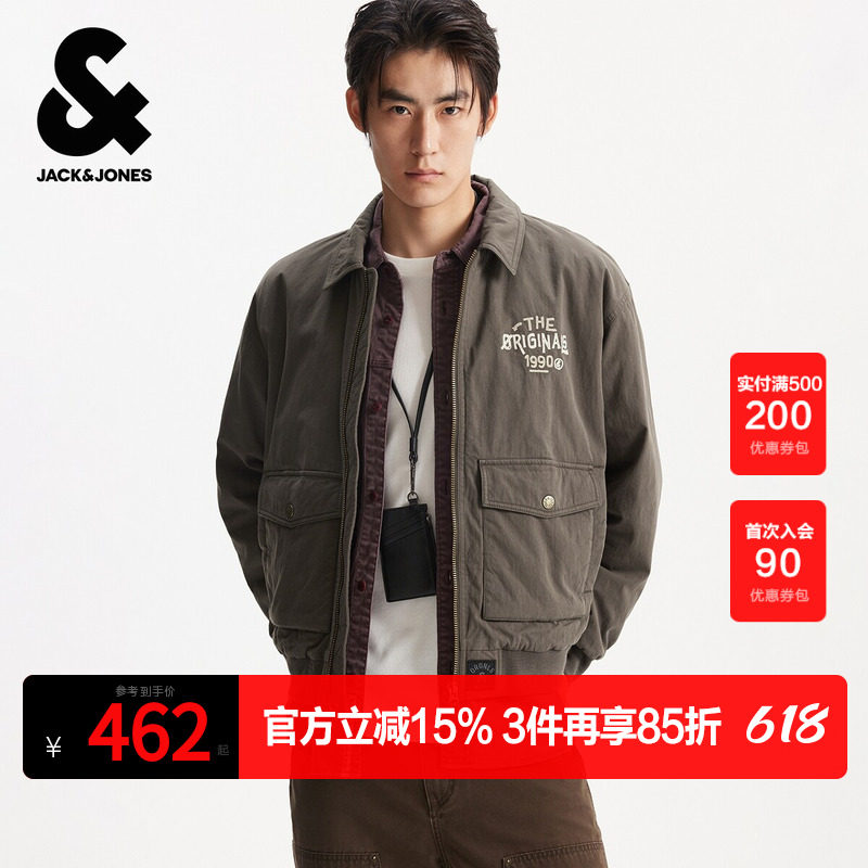 杰克琼斯春秋季男装棉服棉衣时尚潮流略宽松尖领字母装饰保暖外套