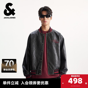 刺绣钢印棒球领宽松休闲PU皮衣 新款 杰克琼斯奥特莱斯夹克男装 秋季