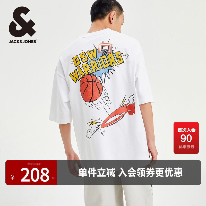 杰克琼斯奥特莱斯夏季款NBA联名勇士队宽松字母纯棉短袖T恤男装