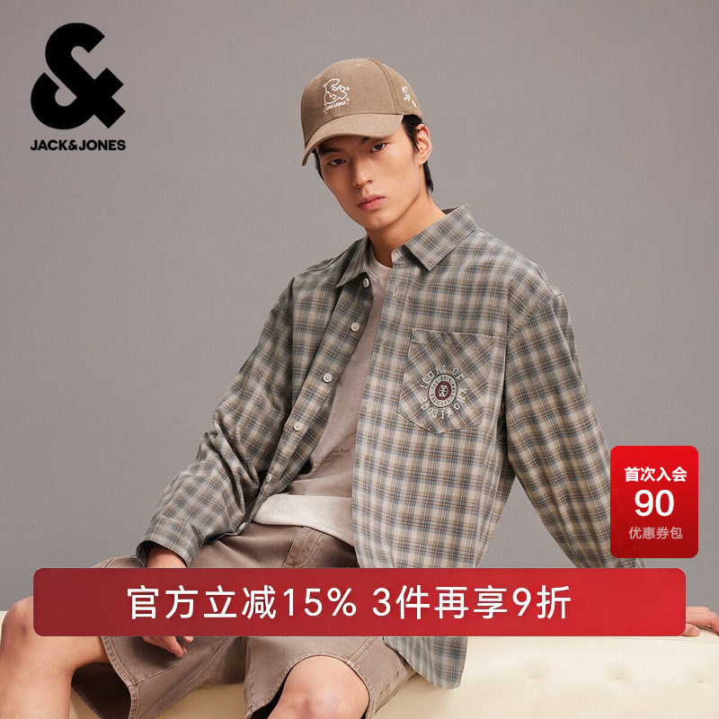 杰克琼斯男装秋季休闲经典格纹衬衫字母刺绣时尚长袖宽松上衣外套