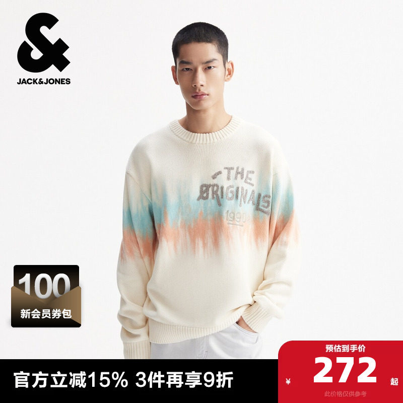 杰克琼斯秋冬季男装毛衣针织衫略宽松衣身扎染设计字母贴布百搭潮