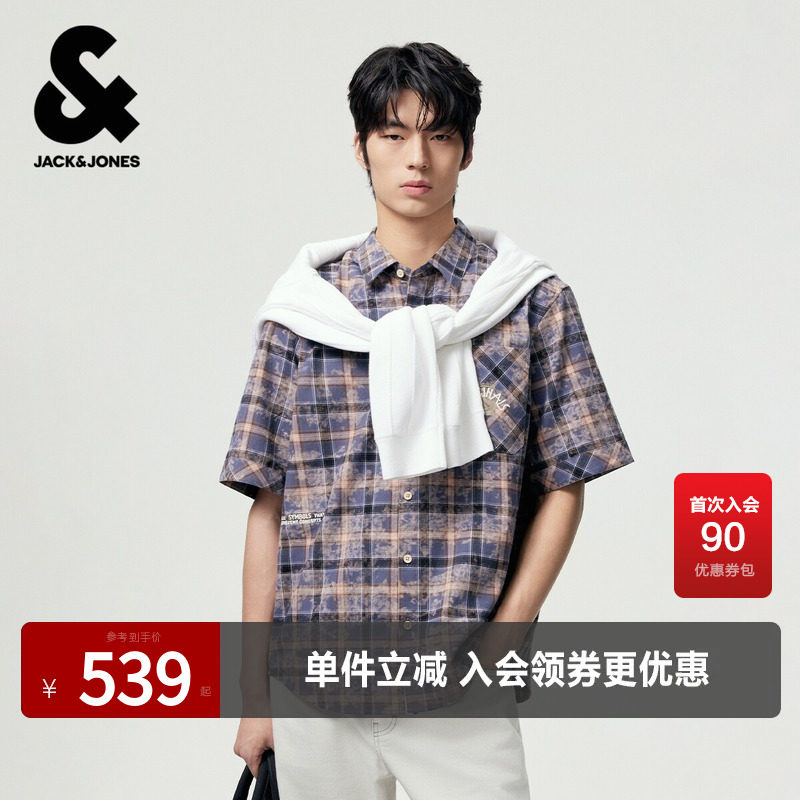 杰克琼斯男夏短袖扎染复古衬衫