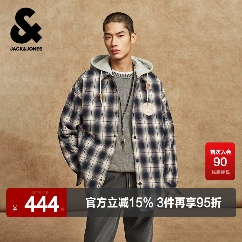 杰克琼斯男装春秋衬衫连帽可拆卸格纹撞色字母刺绣复古风开衫外套