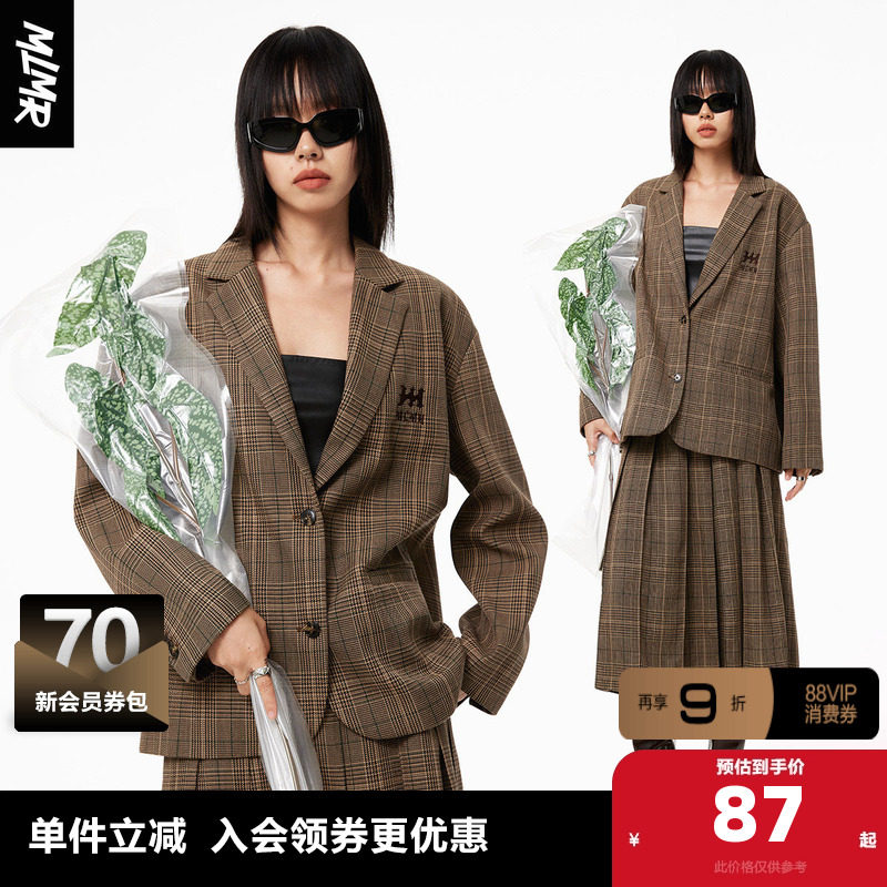 MLMR秋季女士双腰头复古学院千鸟格百褶半身裙+西服外套女男装