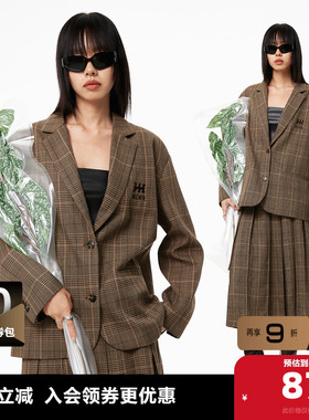 MLMR秋季女士双腰头复古学院千鸟格百褶半身裙+西服外套女男装