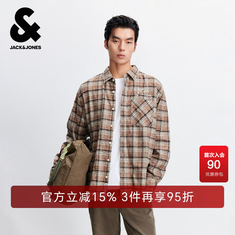 杰克琼斯男装春秋新款衬衫经典时尚格纹纯棉宽松长袖衬衣休闲上衣