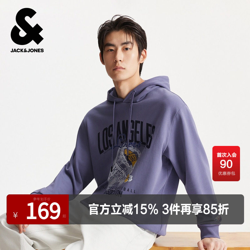 杰克琼斯男装春秋卫衣上衣略宽松抽绳可调节湖人球队字母图案设计