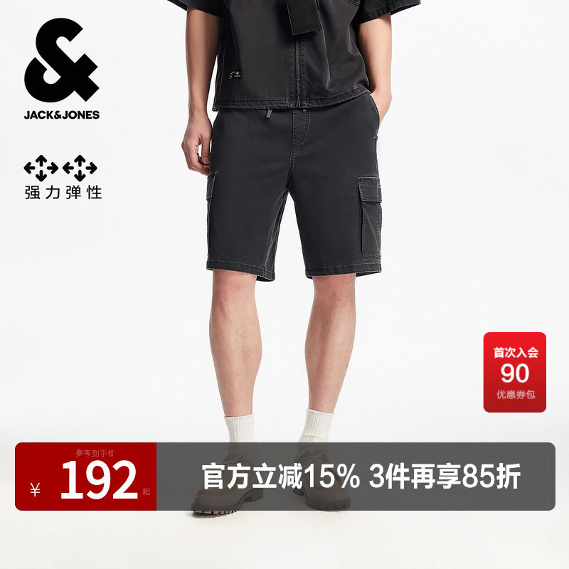 杰克琼斯奥特莱斯男装夏季新款牛仔短裤纯色抽绳直筒休闲弹力裤子