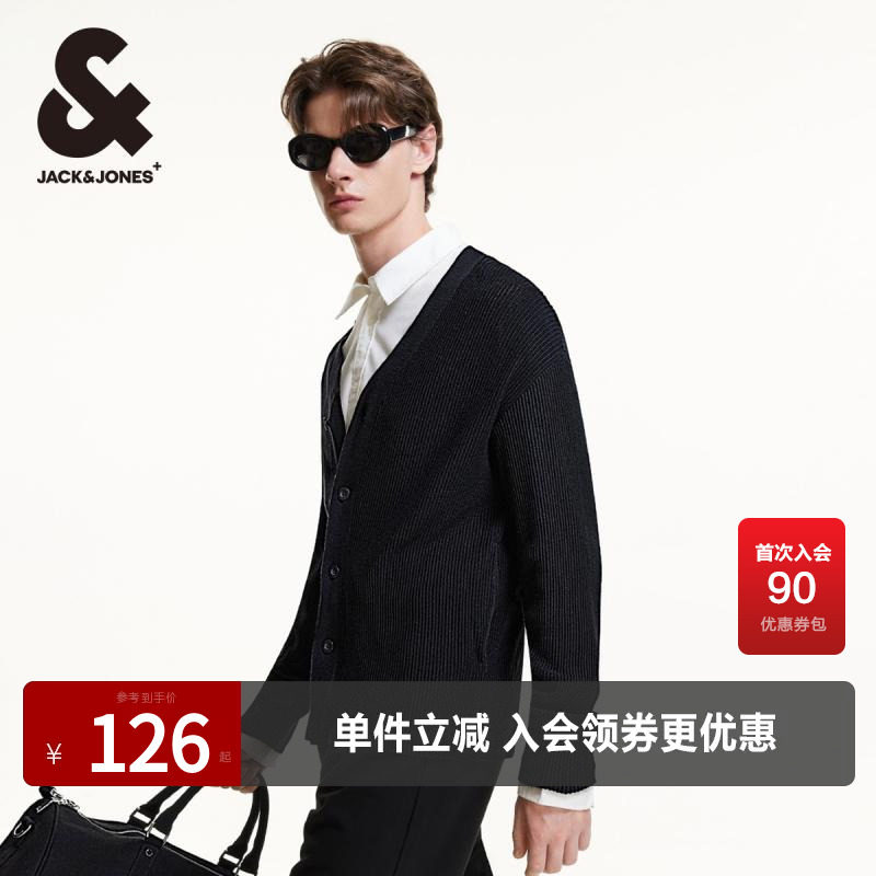 杰克琼斯长袖V领皮牌装饰针织衫