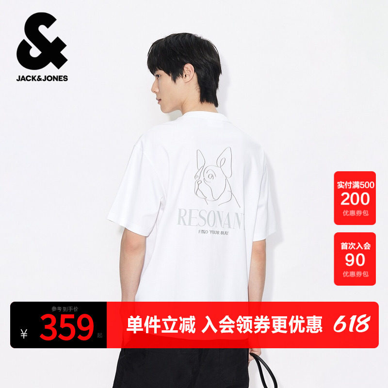 杰克琼斯男装T恤短袖上衣时尚百搭刺绣背后法斗犬舒适潮圆领宽松