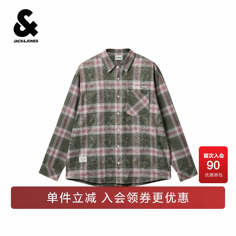 【纯棉】杰克琼斯男装衬衫长袖宽松舒适做旧格纹肌理感通勤潮上衣
