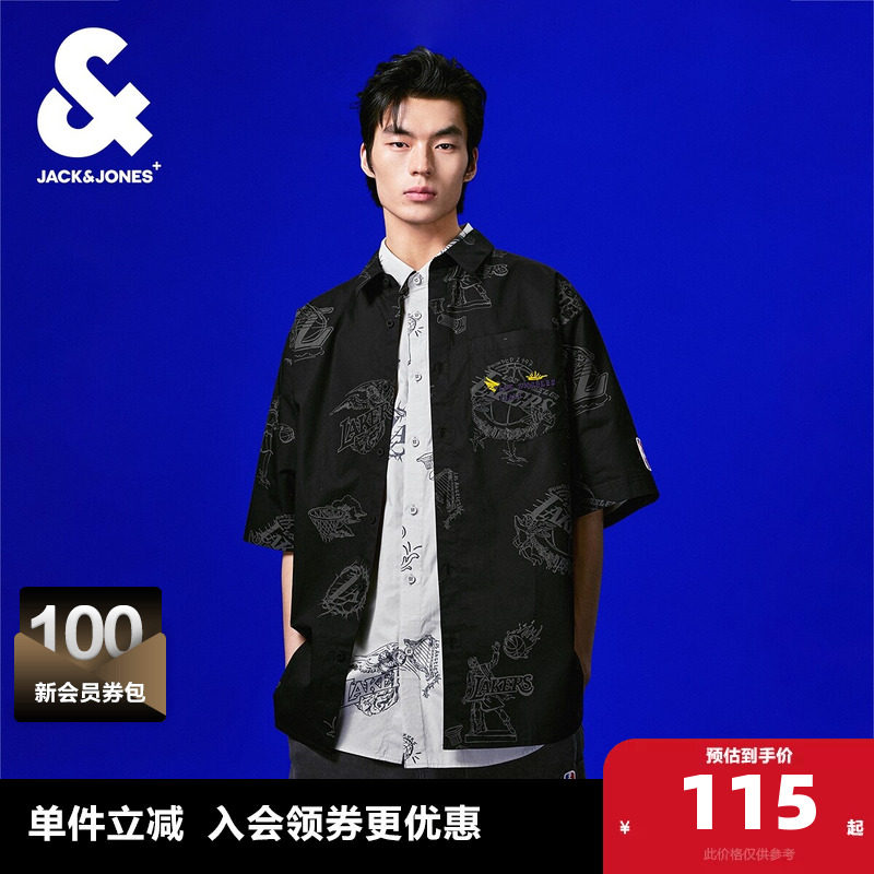 杰克琼斯NBA联名湖人队夏季简约舒适纯棉宽松衬衫短袖男款男装