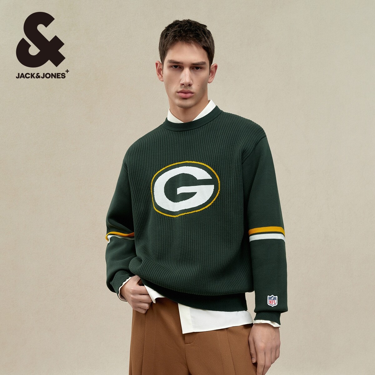 杰克琼斯24春季新款NFL联名宽松圆领纯色织花纯棉针织衫毛衣男装