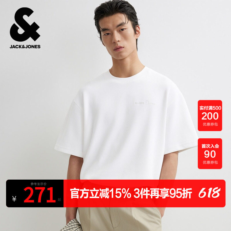 杰克琼斯男装短袖T恤上衣字母胶印刺绣图案百搭潮略宽松罗纹圆领