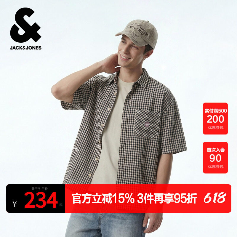 杰克琼斯奥特莱斯夏季男装纽扣门襟单侧胸兜外缝贴布刺绣时尚男装