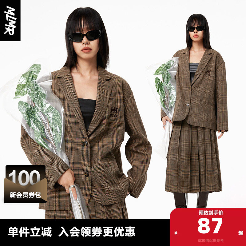 MLMR秋季女士双腰头复古学院千鸟格百褶半身裙+西服外套女男装