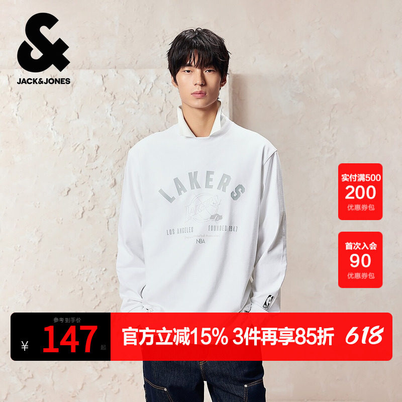 杰克琼斯奥特莱斯男装春秋T恤2025年新款NBA联名字母胶印刺绣长袖