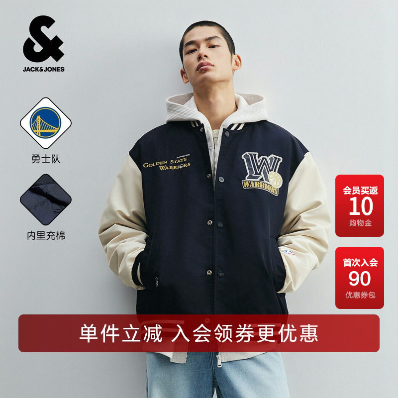 杰克琼斯NBA勇士队奥莱男装棉服棒球服潮时尚休闲百搭通勤外套