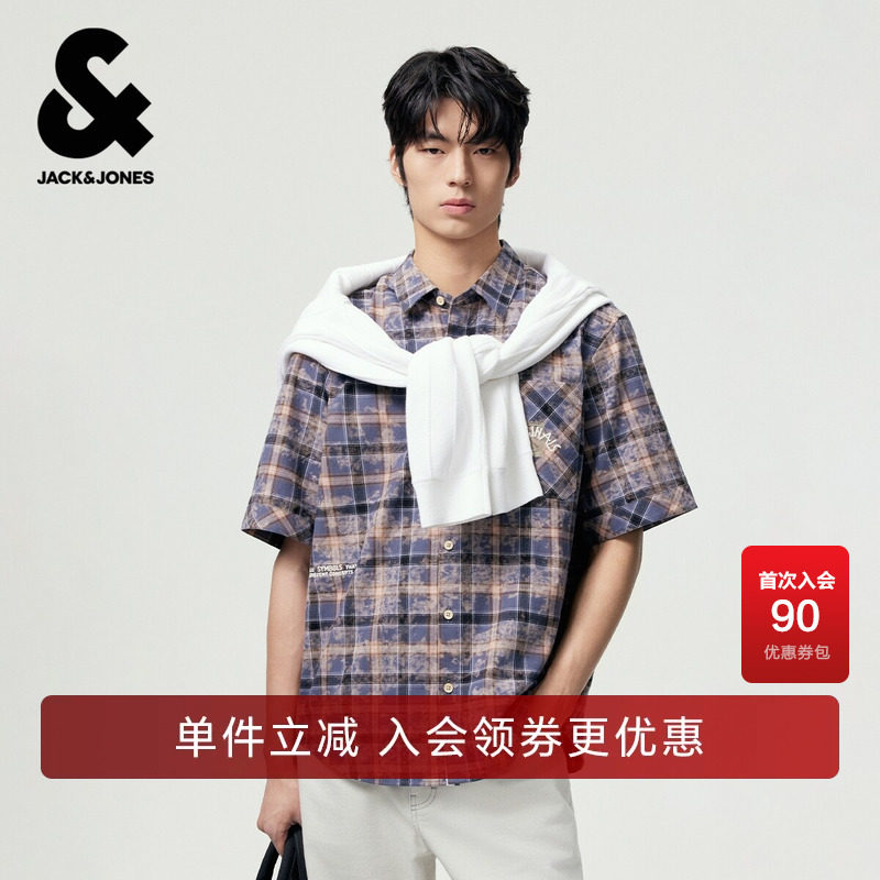 杰克琼斯男夏短袖扎染复古衬衫