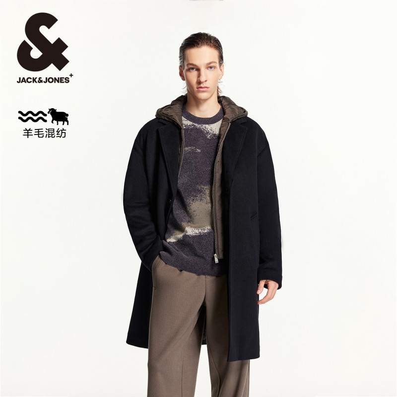 杰克琼斯冬季新款时尚潮流休闲宽松可拆卸假两件连帽毛呢大衣男装