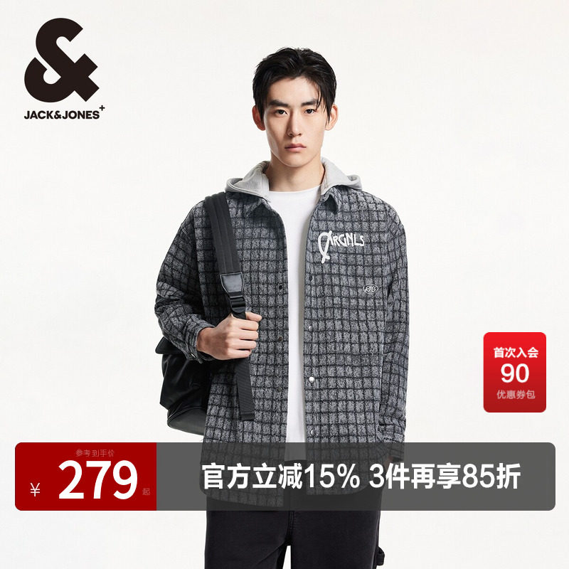 杰克琼斯春秋舒适时尚潮流百搭字母刺绣连帽长袖上衣衬衫外套男款