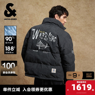 杰克琼斯奥特莱NBA联名勇士队男冬季羽绒服满印宽松立领保暖外套