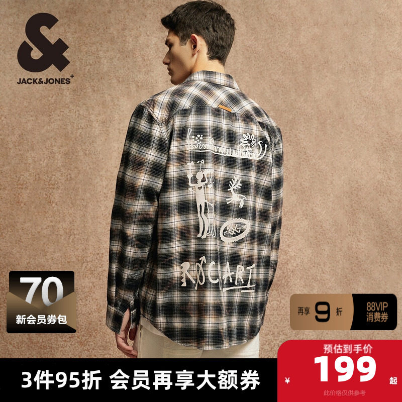 杰克琼斯秋季新款百搭舒适宽松上衣字母刺绣衣身格纹长袖衬衫男装