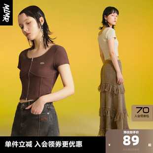 简约修身 男装 甜辣短袖 拉链显瘦露脐女装 T恤短款 MLMRoutlets秋季