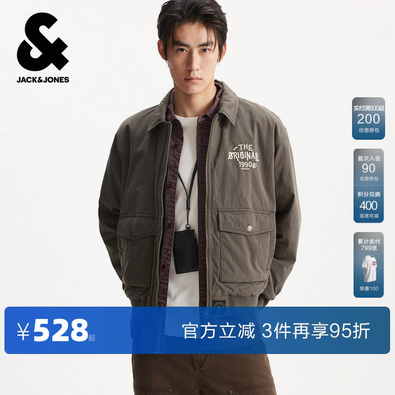 杰克琼斯春秋季男装棉服棉衣时尚潮流略宽松尖领字母装饰保暖外套