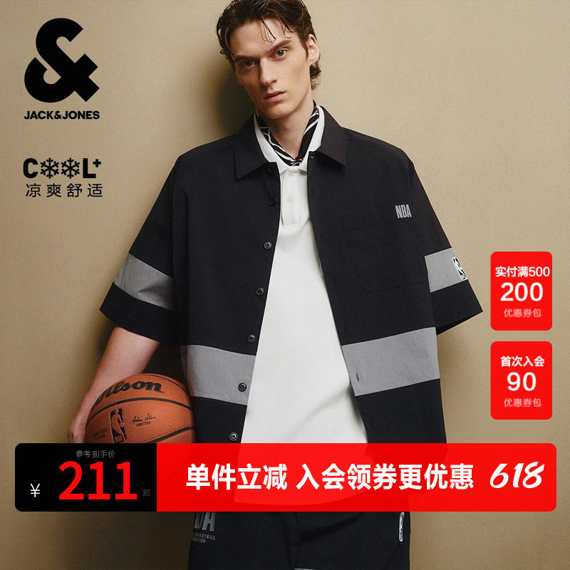 杰克琼斯男装夏季时尚潮流舒适宽松版型尖领撞色拼接短袖衬衫外套