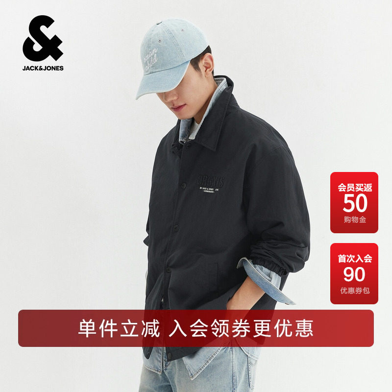 杰克琼斯男装夹克外套百搭舒适潮流工装风印花可拆卸帽翻领微宽松