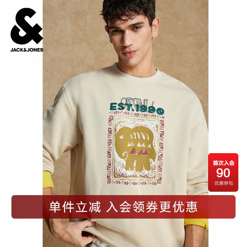 杰克琼斯春季男装卫衣上衣略宽松版型圆领刺绣图案时尚百搭潮休闲