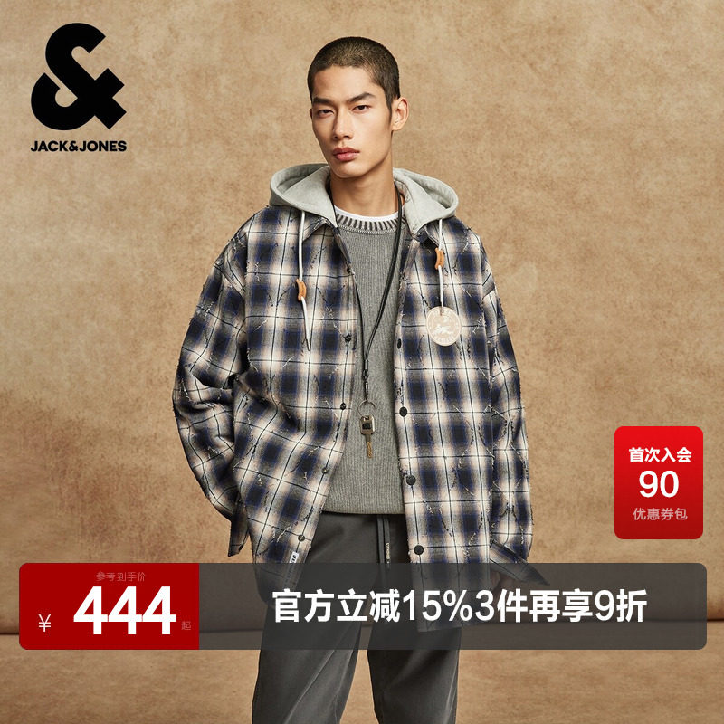 杰克琼斯男装春秋衬衫连帽可拆卸格纹撞色字母刺绣复古风开衫外套
