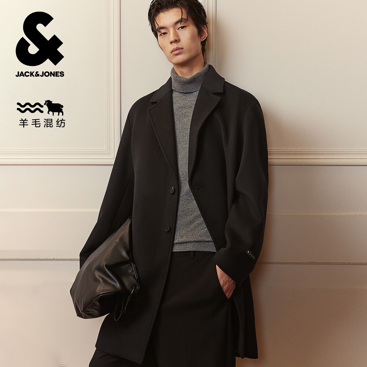 杰克琼斯春秋毛呢大衣保暖外套潮流宽松纽扣门襟双侧插袋百搭男装