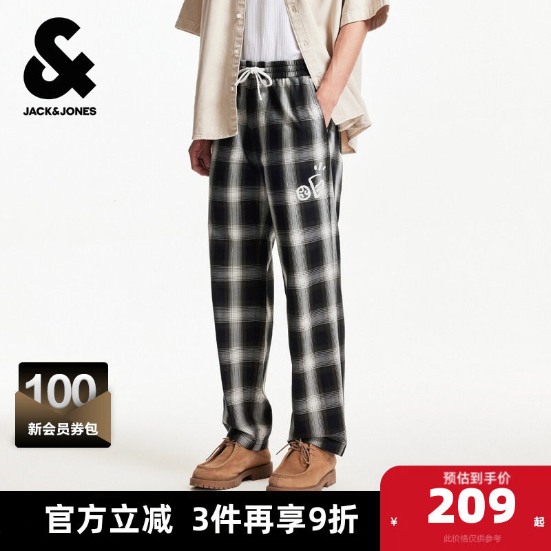 杰克琼斯春秋季时尚潮流宽松双侧插袋格纹设计松紧腰休闲裤子男装