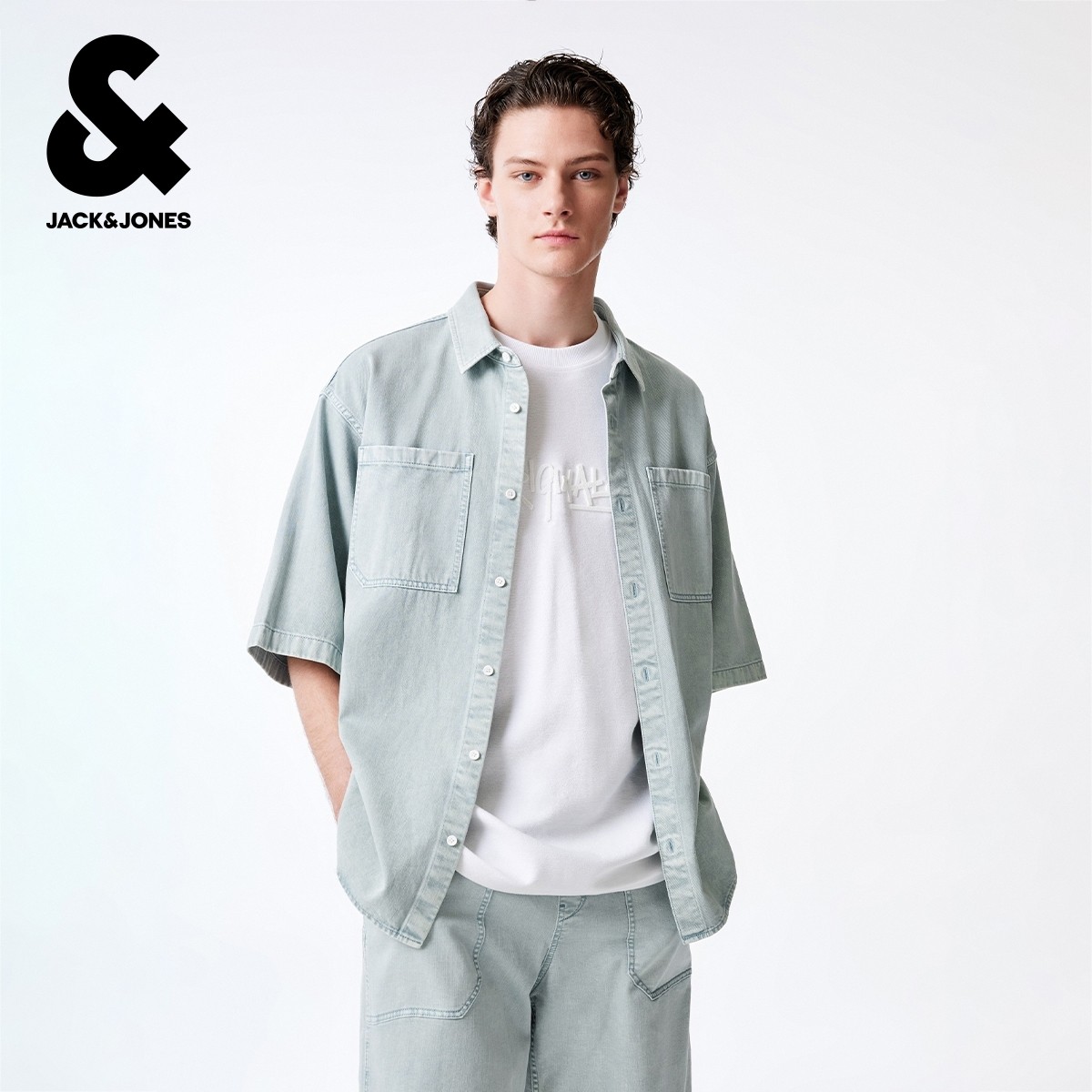 杰克琼斯夏季新款男装牛仔短袖衬衫舒适简约宽松个性水洗上衣