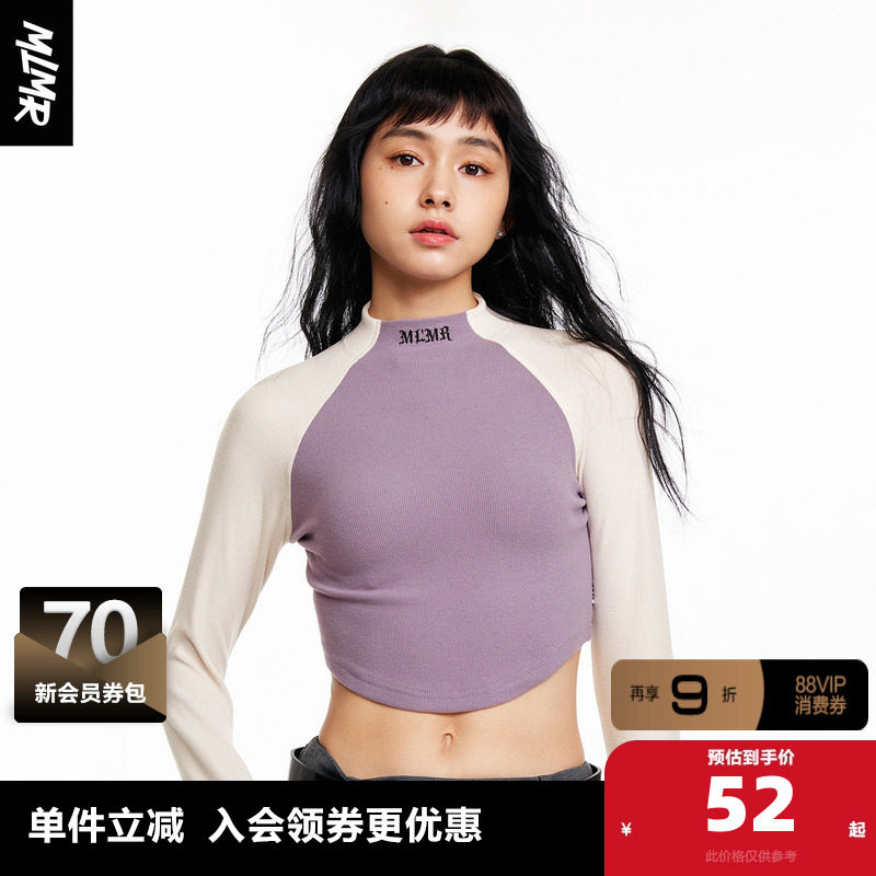 MLMR outlets女士半高领修身短款时尚个性衣服撞色长袖T